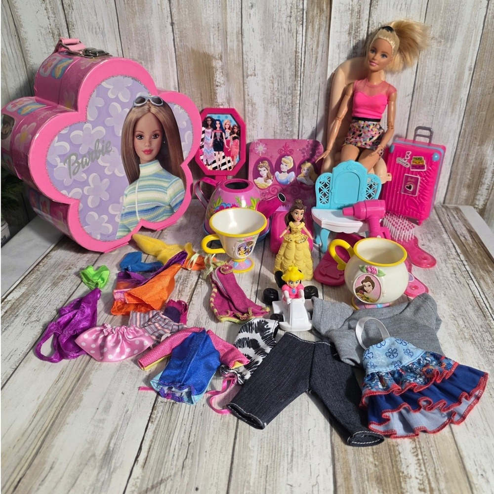 Barbie Doll Lot with Flower Case Clothes Accessories and Disney Princess Belle